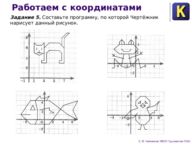 Работаем с координатами Задание 5. Составьте программу, по которой Чертёжник нарисует данный рисунок.  