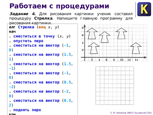 Для рисования картинки ученик составил процедуру стрелка