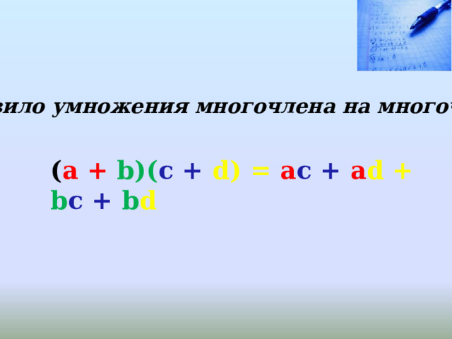 Правило умножения многочлена на многочлен ( a + b)( c + d) = a c + a d + b c + b d 