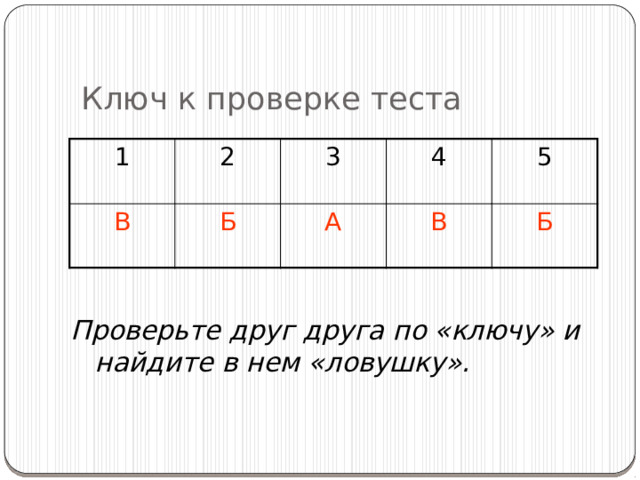 Ключ к проверке теста 1 2 В 3 Б 4 А 5 В Б Проверьте друг друга по «ключу» и найдите в нем «ловушку». 