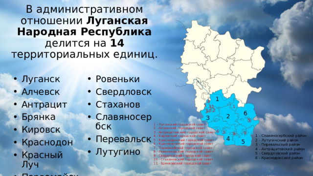 В административном отношении Луганская Народная Республика делится на 14 территориальных единиц. Луганск  Алчевск  Антрацит Брянка Кировск  Краснодон  Красный Луч  Первомайск  Ровеньки  Свердловск Стаханов  Славяносербск Перевальск Лутугино 