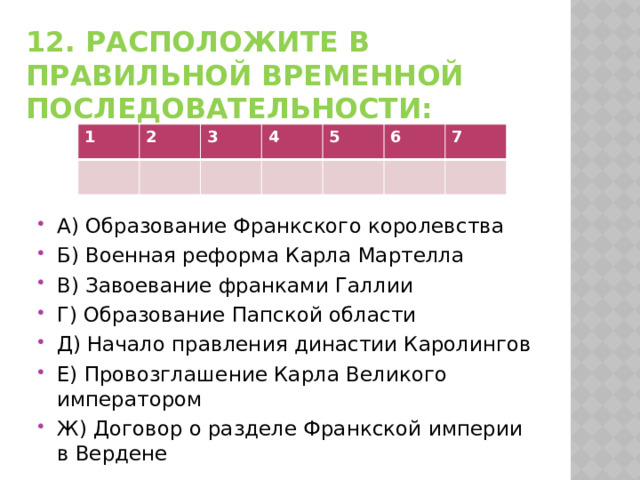 12. Расположите в правильной временной последовательности: 1 2 3 4 5 6 7 А) Образование Франкского королевства Б) Военная реформа Карла Мартелла В) Завоевание франками Галлии Г) Образование Папской области Д) Начало правления династии Каролингов Е) Провозглашение Карла Великого императором Ж) Договор о разделе Франкской империи в Вердене 