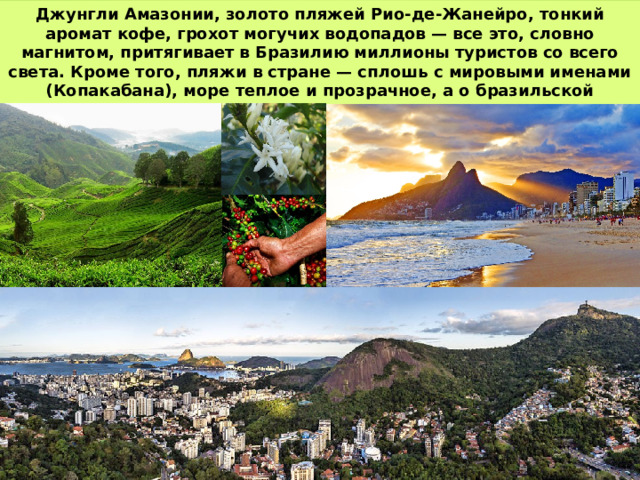 Джунгли Амазонии, золото пляжей Рио-де-Жанейро, тонкий аромат кофе, грохот могучих водопадов — все это, словно магнитом, притягивает в Бразилию миллионы туристов со всего света. Кроме того, пляжи в стране — сплошь с мировыми именами (Копакабана), море теплое и прозрачное, а о бразильской кухне — туристы неизменно говорят с придыханием. 