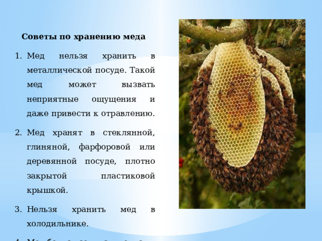 Советы по хранению меда  Мед нельзя хранить в металлической посуде. Такой мед может вызвать неприятные ощущения и даже привести к отравлению. Мед хранят в стеклянной, глиняной, фарфоровой или деревянной посуде, плотно закрытой пластиковой крышкой. Нельзя хранить мед в холодильнике. Мед боится солнца и тепла. Лучшее место для меда там, где сухо, прохладно и ничем не пахнет 