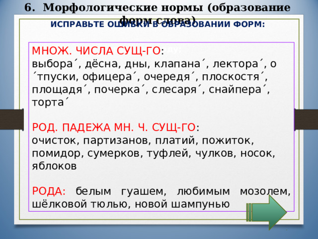 6. Морфологические нормы (образование форм слова) ИСПРАВЬТЕ ОШИБКИ В ОБРАЗОВАНИИ ФОРМ: к среднему роду; МНОЖ. ЧИСЛА СУЩ-ГО : выбора´, дёсна, дны, клапана´, лектора´, о´тпуски, офицера´, очередя´, плоскостя´, площадя´, почерка´, слесаря´, снайпера´, торта´ РОД. ПАДЕЖА МН. Ч. СУЩ-ГО : очисток, партизанов, платий, пожиток, помидор, сумерков, туфлей, чулков, носок, яблоков РОДА: белым гуашем, любимым мозолем, шёлковой тюлью, новой шампунью 