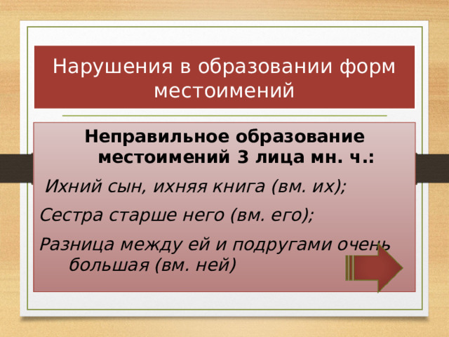 Нарушения в образовании форм местоимений Неправильное образование местоимений 3 лица мн. ч.:  Ихний сын, ихняя книга (вм. их); Сестра старше него (вм. его); Разница между ей и подругами очень большая (вм. ней)  