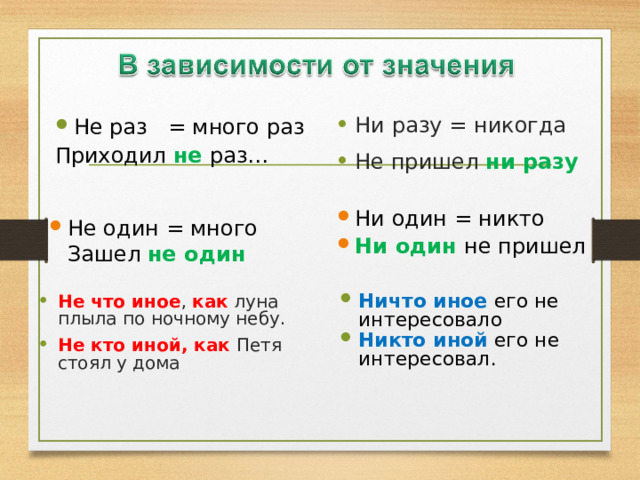 Не раз = много раз Приходил не раз… Ни разу = никогда Не пришел ни разу Ни один = никто Ни один не пришел  Не один = много Зашел не один  Ничто иное его не интересовало Никто иной его не интересовал. Не что иное , как луна плыла по ночному небу. Не кто иной, как Петя стоял у дома  