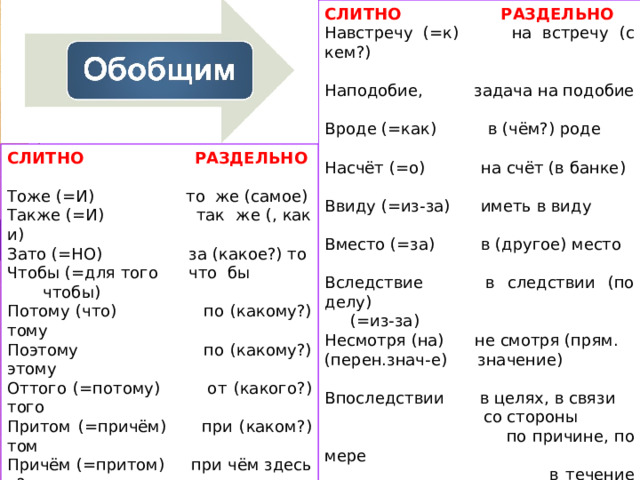 СЛИТНО РАЗДЕЛЬНО Навстречу (=к) на встречу (с кем?) Наподобие, задача на подобие Вроде (=как) в (чём?) роде Насчёт (=о) на счёт (в банке) Ввиду (=из-за) иметь в виду Вместо (=за) в (другое) место Вследствие в следствии (по делу)  (=из-за) Несмотря (на) не смотря (прям. (перен.знач-е) значение) Впоследствии в целях, в связи  со стороны  по причине, по мере  в течение (недели)  в продолжение  в заключение СЛИТНО РАЗДЕЛЬНО Тоже (=И) то же (самое) Также (=И) так же (, как и) Зато (=НО) за (какое?) то Чтобы (=для того что бы  чтобы) Потому (что) по (какому?) тому Поэтому по (какому?) этому Оттого (=потому) от (какого?) того Притом (=причём) при (каком?) том Причём (=притом) при чём здесь я? Итак,… и (как?) так  как будто  как бы  то есть 