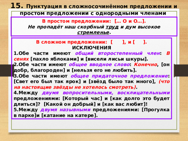 15. Пунктуация в сложносочинённом предложении и простом предложении с однородными членами В простом предложении: [… О и О…]. Не пропадёт наш скорбный труд и дум высокое стремленье . В сложном предложении: [ ], и [ ]. ИСКЛЮЧЕНИЯ Обе части имеют общий второстепенный член : В сенях [пахло яблоками] и [висели лисьи шкуры]. Обе части имеют общее вводное слово : Конечно , [он добр, благороден] и [нельзя его не любить]. Обе части имеют общее придаточное предложение : [Свет его был так ярок] и [звёзд было так много], (что на настоящие звёзды не хотелось смотреть) . Между двумя  вопросительными, восклицательными предложениями: [Который час] и [как долго это будет длиться]? [Какой он добрый] и [как вас любит]! Между двумя  назывными предложениями: [Прогулка в парке]и [катание на катере]. 