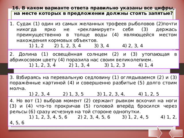 16. В каком варианте ответа правильно указаны все цифры, на месте которых в предложении должны стоять запятые? Судак (1) один из самых желанных трофеев рыболовов (2)почти никогда ярко не «рекламирует» себя (3) держась преимущественно в толще воды (4) являющейся местом нахождения кормовых объектов.  1) 1, 2 2) 1, 2, 3, 4 3) 3, 4 4) 2, 3, 4 2. Долина (1) освещённая солнцем (2) и (3) утопающая в абрикосовом цвету (4) поразила нас своим великолепием.  1) 1, 2, 3, 4 2) 1, 3, 4 3) 1, 2, 3 4) 1, 4 3. Взбираясь на перевальную седловину (1) оглядываемся (2) и (3) поражённые картиной (4) и совершенно разбитые (5) долго стоим молча.  1) 2, 3, 4 2) 1, 3, 5 3) 1, 2, 3, 4, 4) 1, 2, 5 4. Но вот (1) выбрав момент (2) сержант рывком вскочил на ноги (3) и (4) что-то прокричав (5) головой вперёд бросился через рельсы (6) сразу исчезнув на той стороне однопутки.  1) 1, 2, 3, 4, 5, 6 2) 2, 3, 4, 5, 6 3) 1, 2, 4, 5 4) 1, 2, 4, 5, 6 