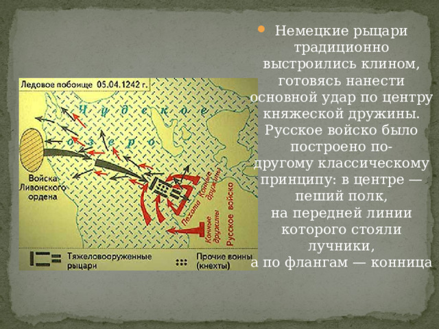 Немецкие рыцари традиционно выстроились клином, готовясь нанести основной удар по центру княжеской дружины. Русское войско было построено по-другому классическому принципу: в центре — пеший полк, на передней линии которого стояли лучники, а по флангам — конница 