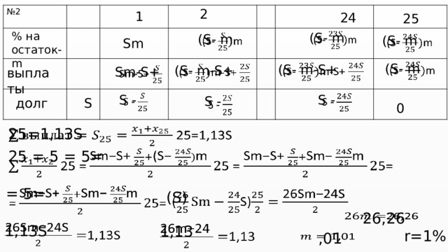 2 № 2 1 24 25 % на остаток-m   (S- m (S- m   (S- m   Sm   (S- m (S- m-S+   (S- m-S+     Sm-S+ выплаты S -     S -   S - долг S 0 25=1,13S   25 = 5 = 5=      = 5= (S)   26,26   1,13S   1,13   r=1% ,01   