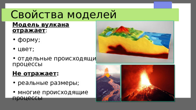 Свойства моделей Модель  вулкана  отражает :  форму;  цвет;  отдельные происходящие процессы Не отражает :  реальные размеры;  многие происходящие процессы 