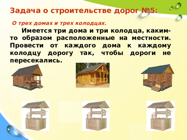Задача о строительстве дорог №5:   О трех домах и трех колодцах.   Имеется три дома и три колодца, каким-то образом расположенные на местности. Провести от каждого дома к каждому колодцу дорогу так, чтобы дороги не пересекались. 