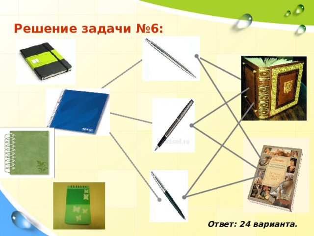  Решение задачи №6: Ответ: 24 варианта. 