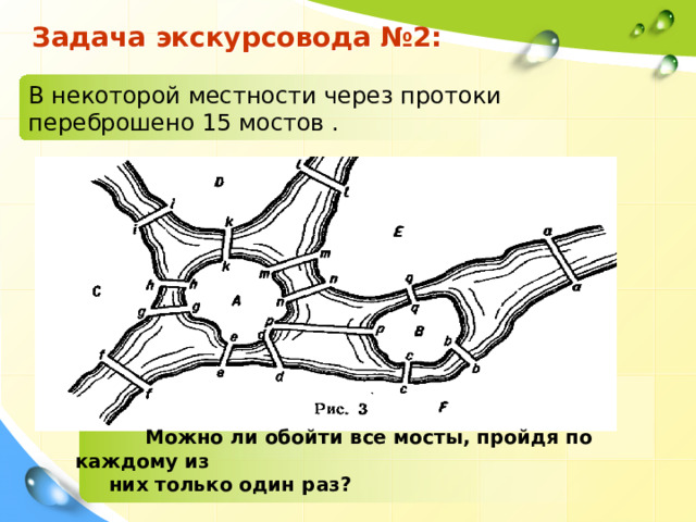 Задача экскурсовода №2: В некоторой местности через протоки переброшено 15 мостов .  Можно ли обойти все мосты, пройдя по каждому из  них только один раз? 