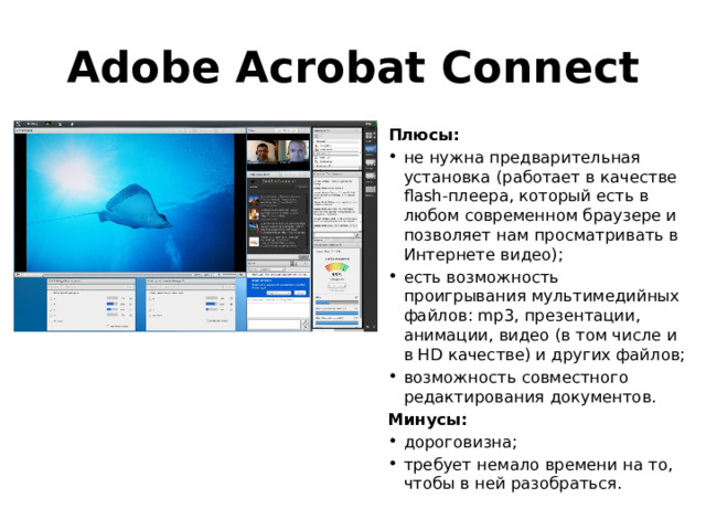 Adobe Acrobat Connect Плюсы: не нужна предварительная установка (работает в качестве flash-плеера, который есть в любом современном браузере и позволяет нам просматривать в Интернете видео); есть возможность проигрывания мультимедийных файлов: mp3, презентации, анимации, видео (в том числе и в HD качестве) и других файлов; возможность совместного редактирования документов. Минусы: дороговизна; требует немало времени на то, чтобы в ней разобраться. 