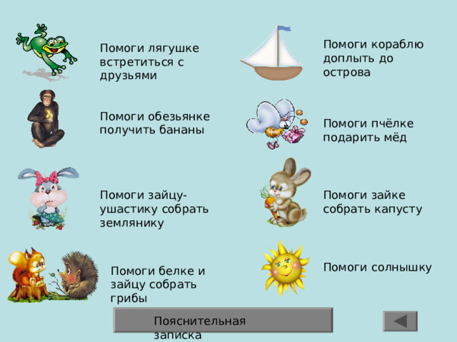 Помоги кораблю доплыть до острова Помоги лягушке встретиться с друзьями Помоги обезьянке получить бананы Помоги пчёлке подарить мёд Помоги зайцу-ушастику собрать землянику Помоги зайке собрать капусту Помоги солнышку Помоги белке и зайцу собрать грибы Пояснительная записка 