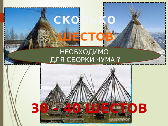 СКОЛЬКО  ШЕСТОВ  НЕОБХОДИМО  ДЛЯ СБОРКИ ЧУМА ? 30 – 40 ШЕСТОВ 
