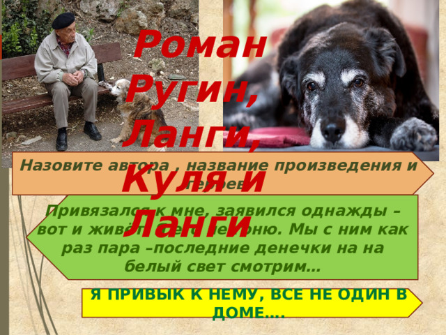 Привязался к мне, заявился однажды – вот и живёт. Я его не гоню. Мы с ним как раз пара –последние денечки на на белый свет смотрим…  Роман Ругин, Ланги, Куля и Ланги  Назовите автора , название произведения и героев. Я привык к нему, все не один в доме…. 
