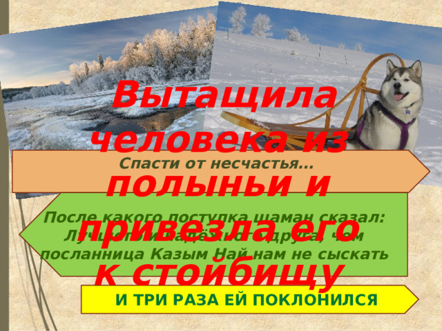 После какого поступка шаман сказал: Лучшего и надёжного друга, чем посланница Казым Най нам не сыскать  Вытащила человека из полыньи и привезла его к стойбищу Спасти от несчастья…  И три раза ей поклонился 