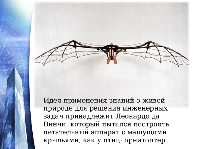 Идея применения знаний о живой природе для решения инженерных задач принадлежит Леонардо да Винчи, который пытался построить летательный аппарат с машущими крыльями, как у птиц: орнитоптер 