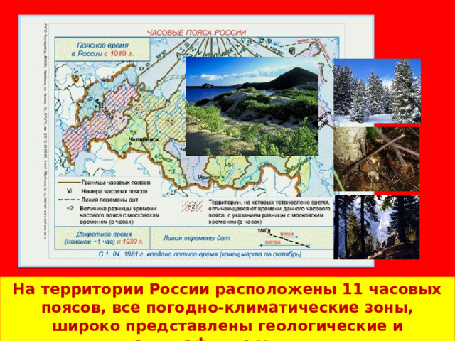 На территории России расположены 11 часовых поясов, все погодно-климатические зоны, широко представлены геологические и ландшафтные условия . 
