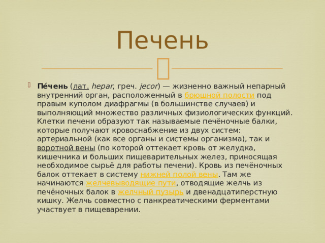 Печень Пе́чень  ( лат.   hepar , греч.  jecor ) — жизненно важный непарный внутренний орган, расположенный в  брюшной полости  под правым куполом диафрагмы (в большинстве случаев) и выполняющий множество различных физиологических функций. Клетки печени образуют так называемые печёночные балки, которые получают кровоснабжение из двух систем: артериальной (как все органы и системы организма), так и  воротной вены  (по которой оттекает кровь от желудка, кишечника и больших пищеварительных желез, приносящая необходимое сырьё для работы печени). Кровь из печёночных балок оттекает в систему  нижней полой вены . Там же начинаются  желчевыводящие пути , отводящие желчь из печёночных балок в  желчный пузырь  и двенадцатиперстную кишку. Желчь совместно с панкреатическими ферментами участвует в пищеварении. 