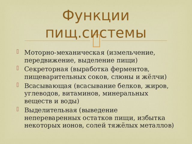Функции пищ.системы Моторно-механическая (измельчение, передвижение, выделение пищи) Секреторная (выработка ферментов, пищеварительных соков, слюны и жёлчи) Всасывающая (всасывание белков, жиров, углеводов, витаминов, минеральных веществ и воды) Выделительная (выведение непереваренных остатков пищи, избытка некоторых ионов, солей тяжёлых металлов) 