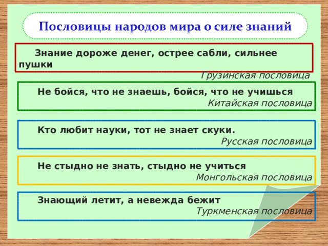  Знание дороже денег, острее сабли, сильнее пушки Грузинская пословица   Не бойся, что не знаешь, бойся, что не учишься Китайская пословица   Кто любит науки, тот не знает скуки. Русская пословица    Не стыдно не знать, стыдно не учиться Монгольская пословица    Знающий летит, а невежда бежит Туркменская пословица   