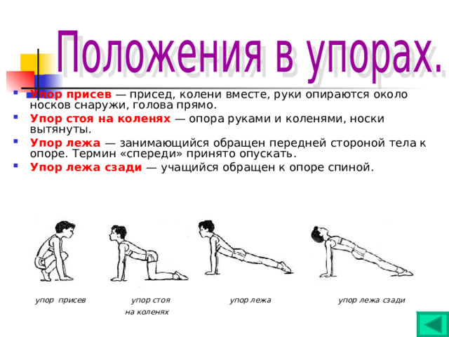 Упор присев  — присед, колени вместе, руки опираются около носков снаружи, голова прямо . Упор стоя на коленях — опора руками и коленями, носки вытянуты . Упор лежа  — занимающийся обращен передней стороной тела к опоре. Термин «спереди» принято опускать . Упор лежа сзади  — учащийся обращен к опоре спиной .            упор присев упор стоя упор лежа упор лежа сзади  на коленях 
