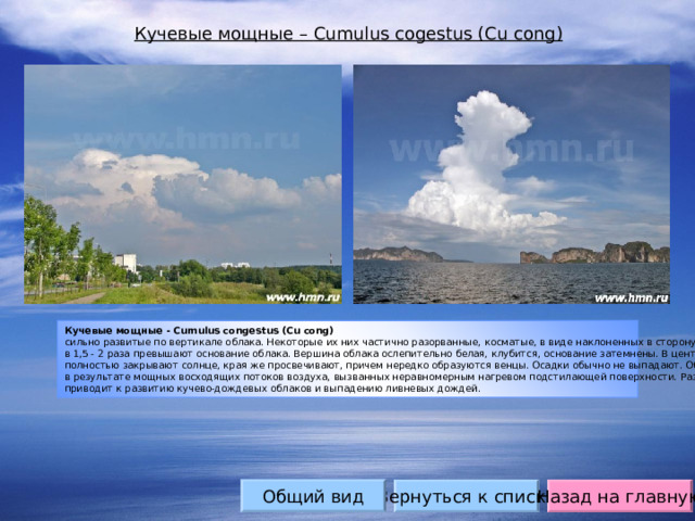Кучевые мощные – Cumulus cogestus (Cu cong) Кучевые мощные - Cumulus congestus (Cu cong)  сильно развитые по вертикале облака. Некоторые их них частично разорванные, косматые, в виде наклоненных в сторону башен. Толщина облаков в 1,5 - 2 раза превышают основание облака. Вершина облака ослепительно белая, клубится, основание затемнены. В центральной части кучевые облака полностью закрывают солнце, края же просвечивают, причем нередко образуются венцы. Осадки обычно не выпадают. Образуются главным образом в результате мощных восходящих потоков воздуха, вызванных неравномерным нагревом подстилающей поверхности. Развитие Cu cong в летнее время приводит к развитию кучево-дождевых облаков и выпадению ливневых дождей. Общий вид Вернуться к списку Назад на главную
