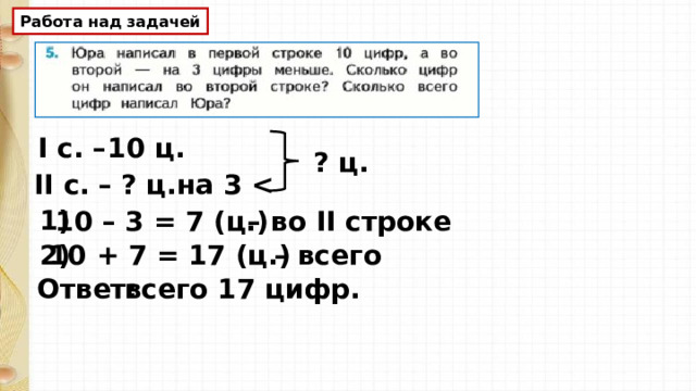 Работа над задачей I с. – 10 ц. ? ц. на 3  ? ц. II с. –  1) 10 – 3 = 7 ( ц. ) – во II строке 2 ) 10 + 7 = 17 ( ц. ) – всего Ответ: всего 17 цифр. 