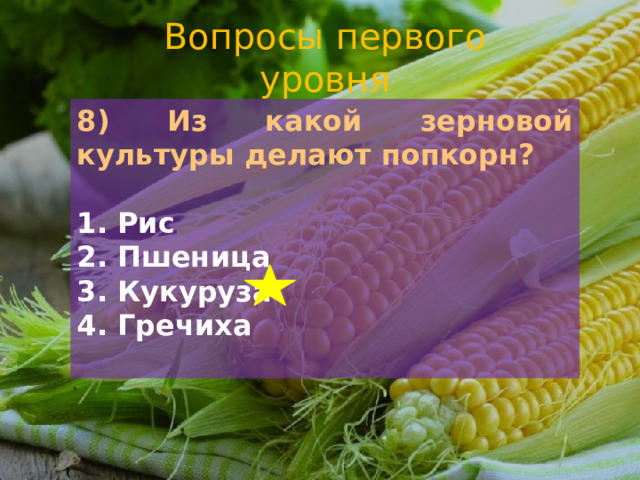 Вопросы первого уровня 8) Из какой зерновой культуры делают попкорн?   Рис  Пшеница  Кукуруза  Гречиха  