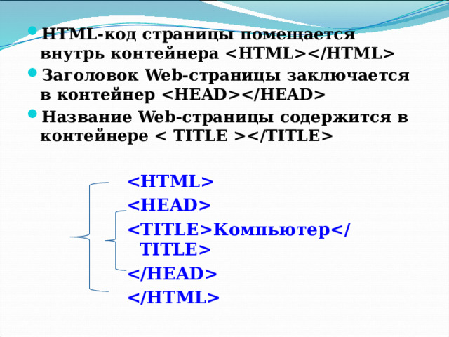 HTML-код страницы помещается внутрь контейнера  Заголовок Web-страницы заключается в контейнер  Название Web-страницы содержится в контейнере    Компьютер   