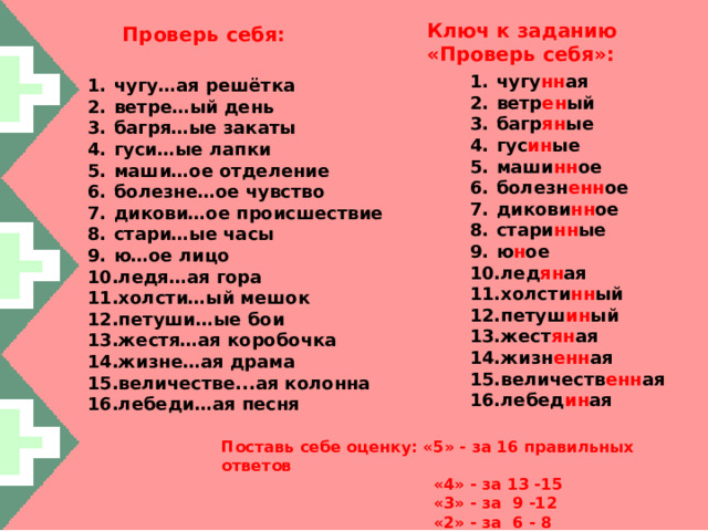 Ключ к заданию «Проверь себя»: Проверь себя: чугу нн ая ветр ен ый багр ян ые гус ин ые маши нн ое болезн енн ое дикови нн ое стари нн ые ю н ое лед ян ая холсти нн ый петуш ин ый жест ян ая жизн енн ая величеств енн ая лебед ин ая чугу…ая решётка ветре…ый день багря…ые закаты гуси…ые лапки маши…ое отделение болезне…ое чувство дикови…ое происшествие стари…ые часы ю…ое лицо ледя…ая гора холсти…ый мешок петуши…ые бои жестя…ая коробочка жизне…ая драма величестве...ая колонна лебеди…ая песня Поставь себе оценку: «5» - за 16 правильных ответов  «4» - за 13 -15  «3» - за 9 -12  «2» - за 6 - 8 