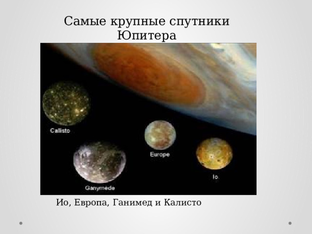 Самые крупные спутники Юпитера Ио, Европа, Ганимед и Калисто 