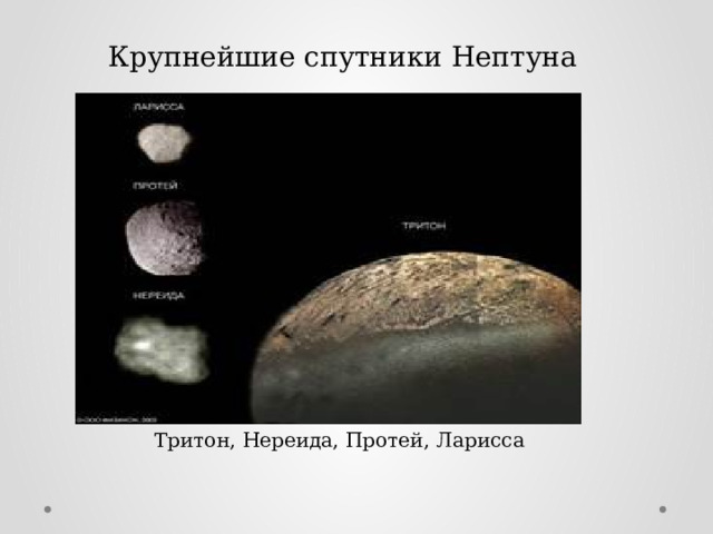 Крупнейшие спутники Нептуна Тритон, Нереида, Протей, Ларисса 