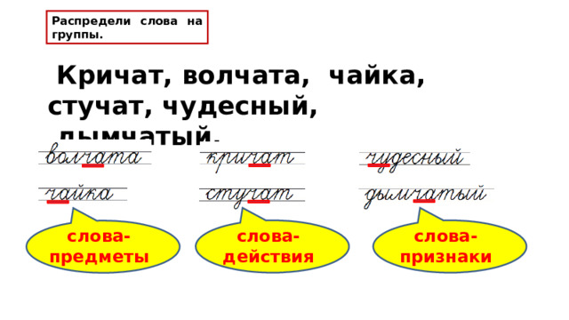 Распредели слова на группы.  Кричат, волчата, чайка, стучат, чудесный,  дымчатый. слова-действия слова-признаки слова-предметы 