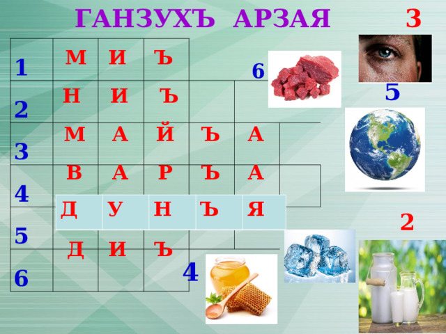 3 ГАНЗУХЪ АРЗАЯ М И Ъ 1 2 3 4 5 6  6  5 Н И Ъ М А Й Ъ А В А Р Ъ А  1 Д У Н Ъ Я  2 Д И Ъ  4 