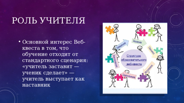 Роль учителя Основной интерес Веб-квеста в том, что обучение отходит от стандартного сценария: «учитель заставит — ученик сделает» — учитель выступает как наставник 