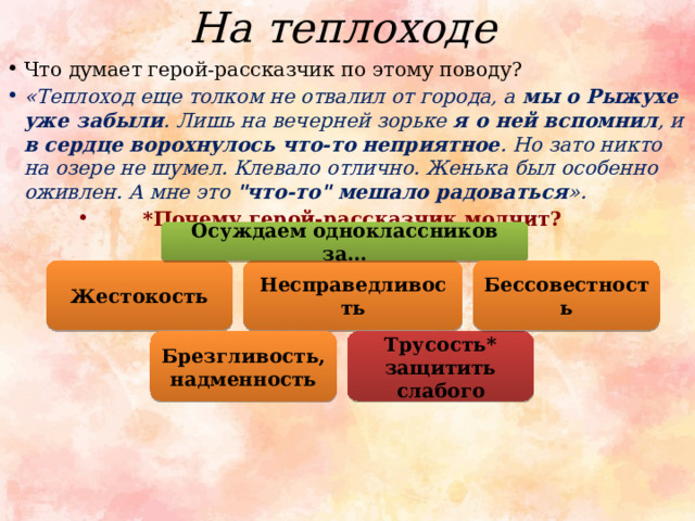 На теплоходе Что думает герой-рассказчик по этому поводу? «Теплоход еще толком не отвалил от города, а мы о Рыжухе уже забыли . Лишь на вечерней зорьке я о ней вспомнил , и в сердце ворохнулось что-то неприятное . Но зато никто на озере не шумел. Клевало отлично. Женька был особенно оживлен. А мне это 