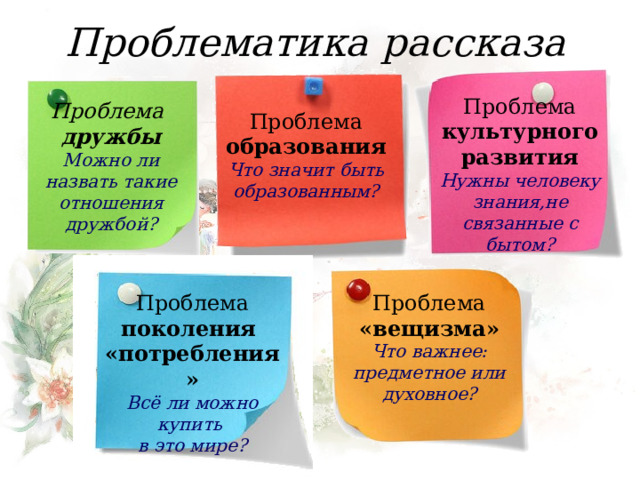 Проблематика рассказа Проблема культурного развития Нужны человеку знания,не связанные с бытом? Проблема дружбы Можно ли назвать такие отношения дружбой? Проблема образования Что значит быть образованным? Проблема Проблема «вещизма» поколения «потребления» Что важнее: предметное или духовное? Всё ли можно купить в это мире? 