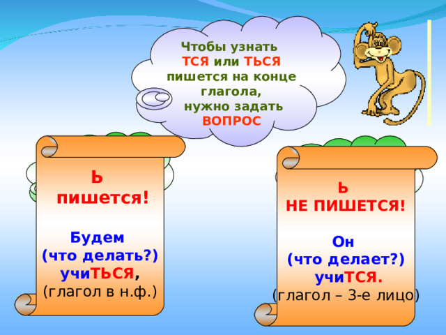 Чтобы узнать ТСЯ или ТЬСЯ пишется на конце глагола,  нужно задать ВОПРОС   Ь  пишется!  Будем (что делать?) учи ТЬСЯ , (глагол в н.ф.) Ь НЕ ПИШЕТСЯ!  Он (что делает?)  учи ТСЯ. (глагол – 3-е лицо) 