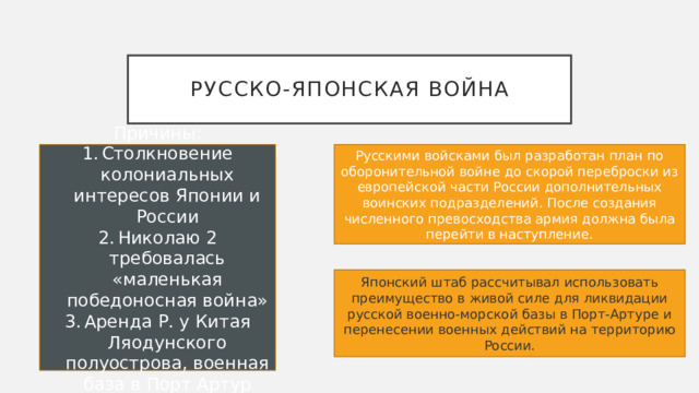 Русско-японская война Причины: Русскими войсками был разработан план по оборонительной войне до скорой переброски из европейской части России дополнительных воинских подразделений. После создания численного превосходства армия должна была перейти в наступление. Столкновение колониальных интересов Японии и России Николаю 2 требовалась «маленькая победоносная война» Аренда Р. у Китая Ляодунского полуострова, военная база в Порт Артур Японский штаб рассчитывал использовать преимущество в живой силе для ликвидации русской военно-морской базы в Порт-Артуре и перенесении военных действий на территорию России. 