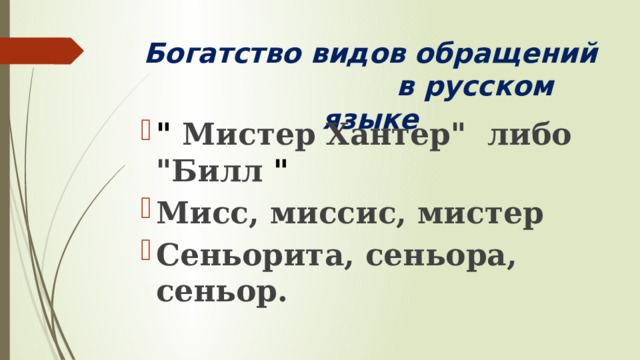Богатство видов обращений в русском языке 