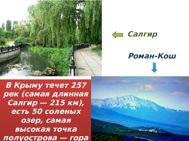 Салгир  Роман-Кош В Крыму течет 257 рек (самая длинная Салгир — 215 км), есть 50 соленых озер, самая высокая точка полуострова — гора Роман-Кош 1545 м. 