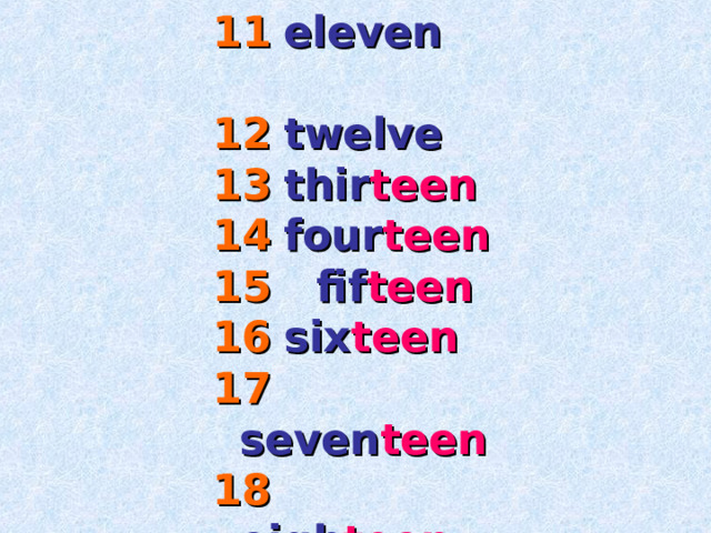11  eleven   12  twelve 13  thir teen 14  four teen  fif teen  six teen 17  seven teen  eigh teen   nine teen 20  twenty 