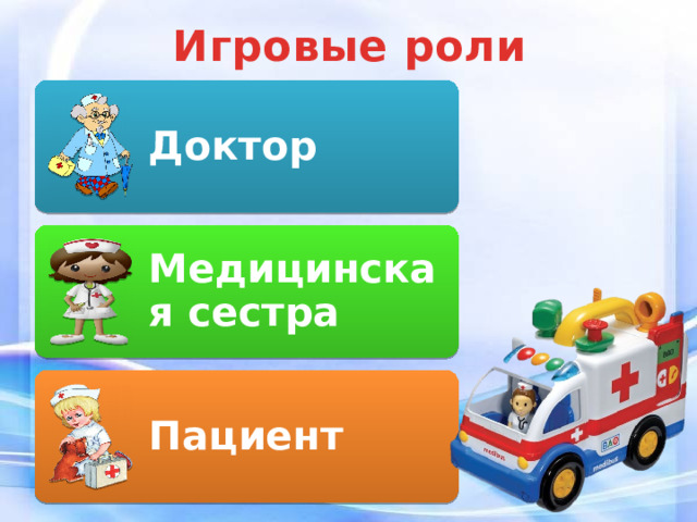 Игровые роли Доктор Медицинская сестра Пациент 