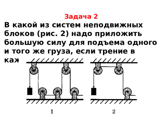 Задача 2 В какой из систем неподвижных блоков (рис. 2) надо приложить большую силу для подъема одного и того же груза, если трение в каждом из блоков одинаковое?  На рисунках показаны только неподвижные блоки. Они не дают выигрыш в силе. Если поднимать груз равномерно, то приложенная к концу веревки сила должна равняться весу груза вместе с суммой сил трения в блоках. На первом рисунке блоков больше. Больше и их сила сопротивления. Поэтому в первой системе надо приложить большую силу.  